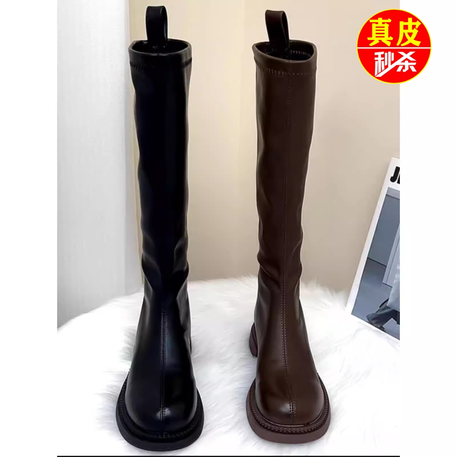 Брендовые кожаные женские сапоги выше колена; коллекция 2025 года; сезон осень-зима; новый стиль; бархатные рыцарские сапоги на плоской подошве; высокие ботинки Martin