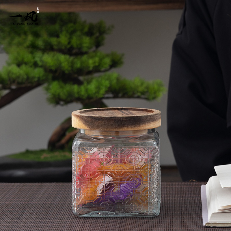 Chinese style retro glass square kitchen moistureproof jar bamboo and wood lid five grain cereal storage tank snacks dried fruit containing jar-Taobao