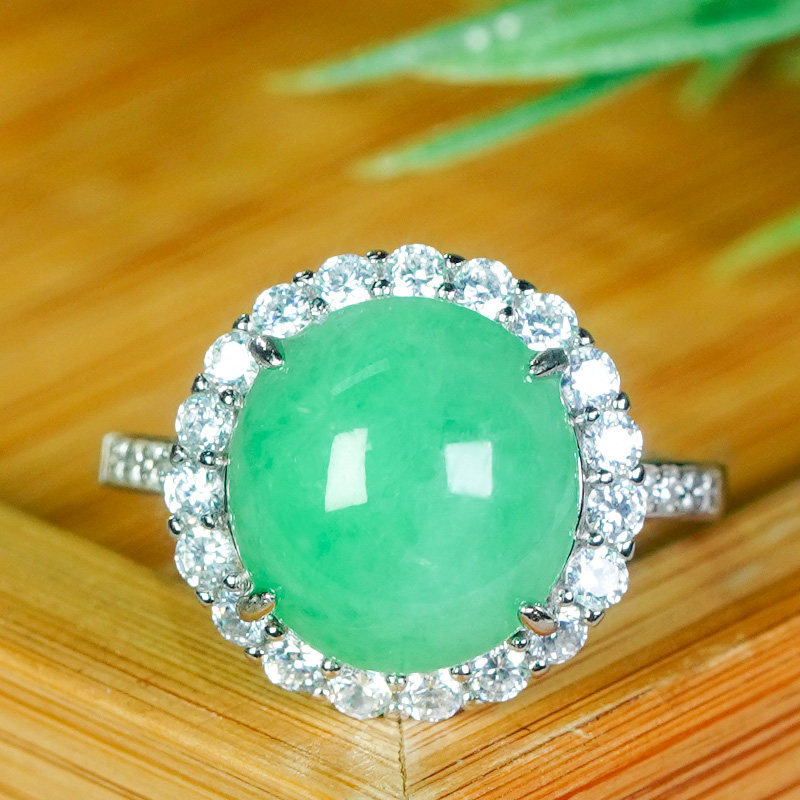 Silver inlaid natural Burmese jade ring A-grade fashionable and full of green sun green jade egg-faced open ring