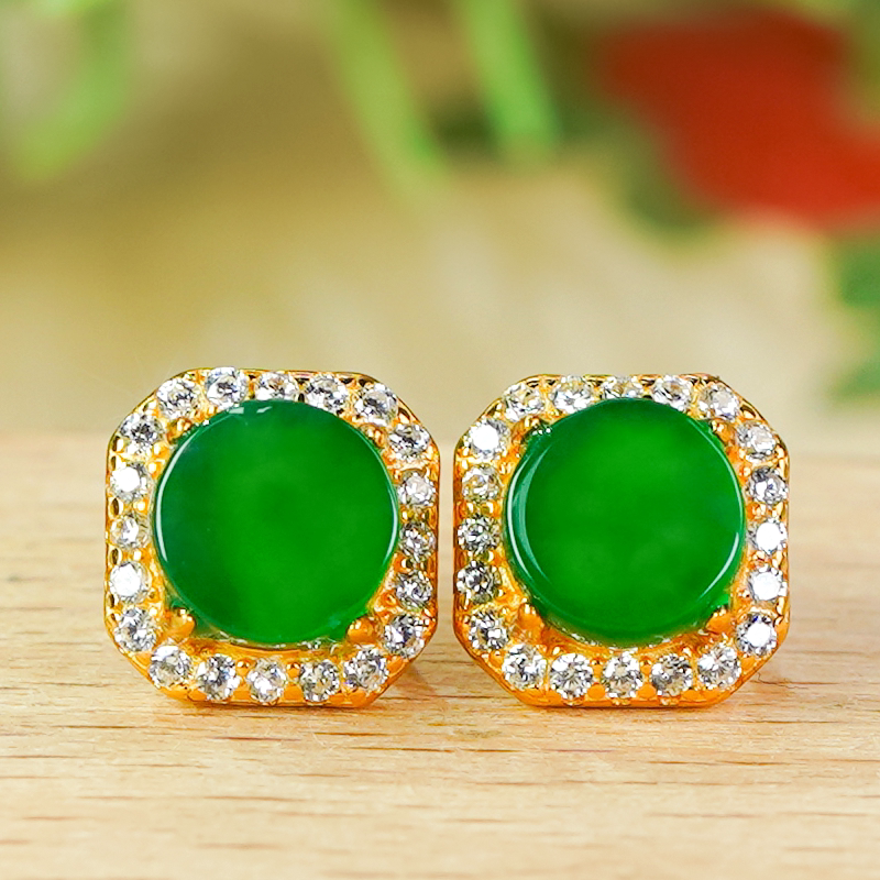Valentine's Day gift 925 silver inlaid with natural jade A-grade fashionable small sugar cube design full green jade medal ring