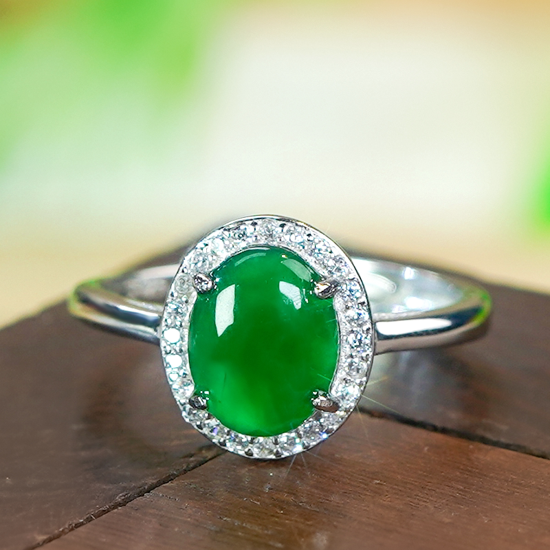 Valentine's Day Gift Silver Inlaid Natural Jade A-grade Exquisite and Simple Full Green Cabochon Jade Ring