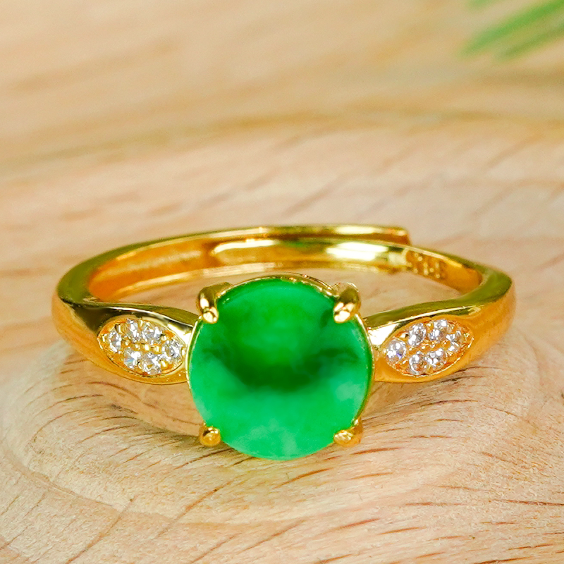 Silver inlaid natural jade ring A-grade fashionable light luxury ancient style women's full green jade green round brand living ring