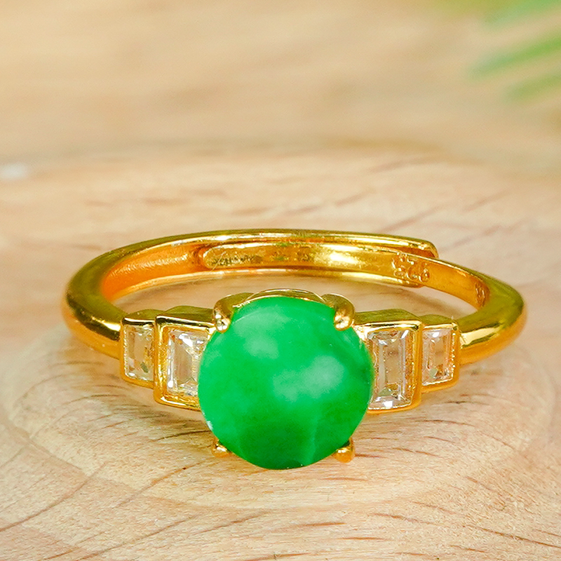 Natural Burmese material A grade jadeite ring, silver inlaid, fashionable light luxury full green jadeite green round brand living ring for women