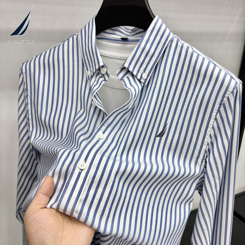 Nautica Men's Pure Cotton Long-Sleeved Shirt with Embroidered Lapels, Comfortable and Versatile Vertical Stripes Trendy Shirt Nautica Men's Pure Cotton Long-Sleeved Shirt with Embroidered Lapels, Comfortable and Versatile Vertical Stripes Trendy Shirt