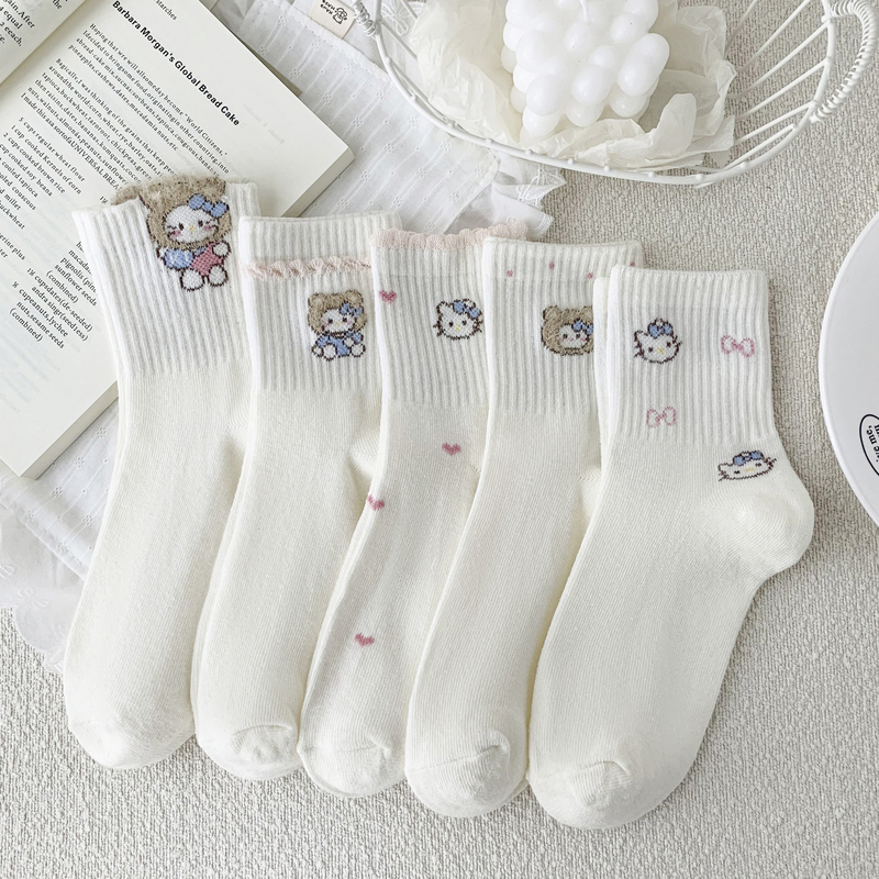 Cartoon Kt Milk White Socks for Women, Spring and Autumn Mid-Tube Cotton Socks, Japanese Cute Korean Style Versatile Pink Anti-Odor Socks for Girls