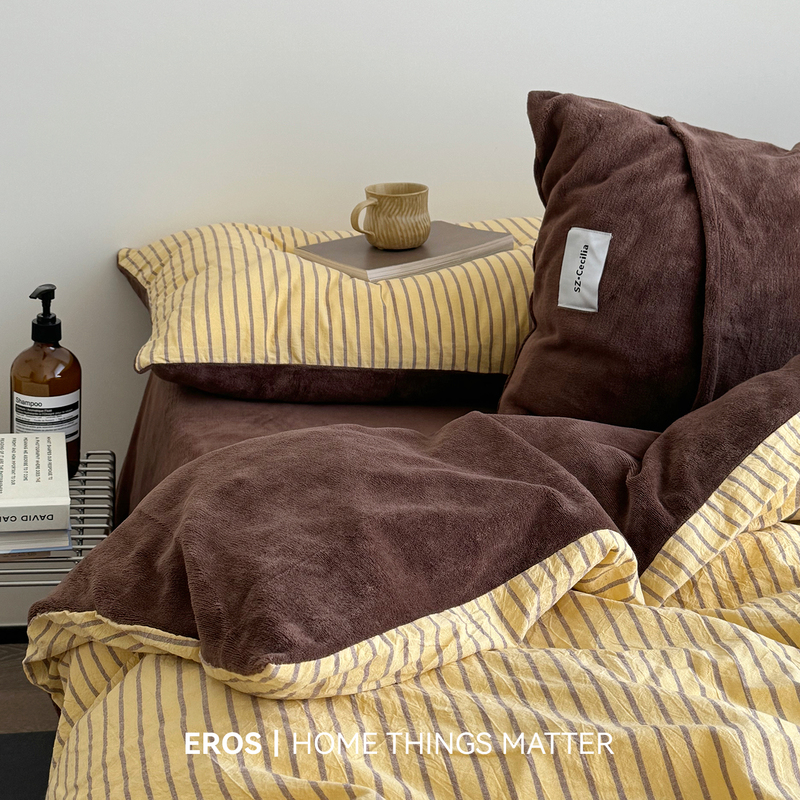 Eros LAOSHU︱ Twilight Yellow Coffee Milk Velvet Four-Piece Set Cotton Plus Velvet Warm Thickened for Autumn and Winter Blogger ins Duvet Cover