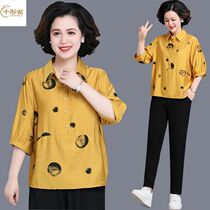 Moms summer cotton and linen top middle-aged moms summer short-sleeved suit middle-aged and elderly style casual lapel T-shirt