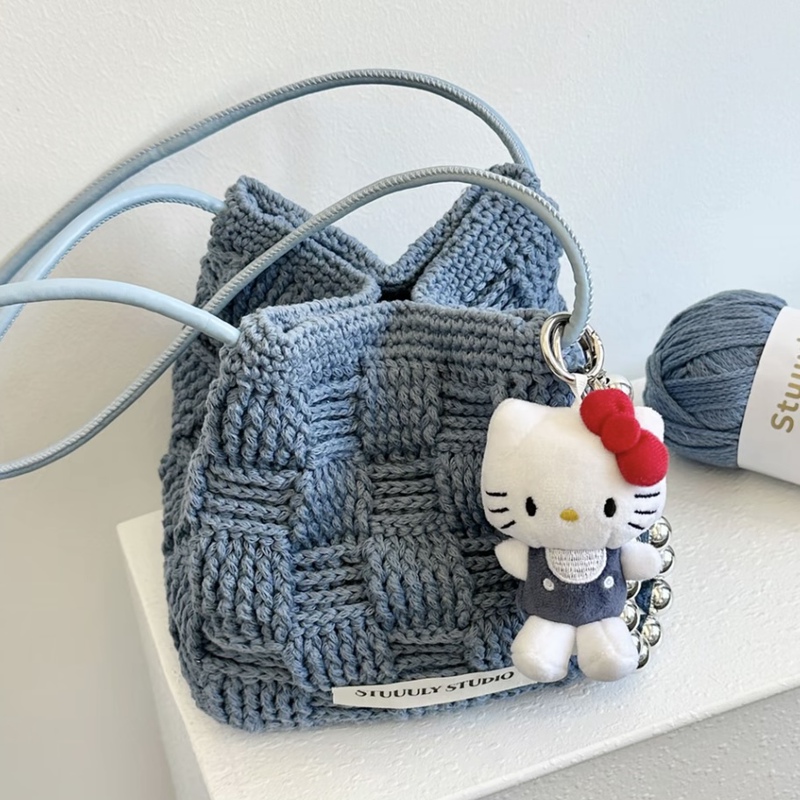 Hand-Woven Plaid Square Bag, Shoulder Wrist Bag, Hollow Cotton DIY Weaving Material Bag, Large Capacity