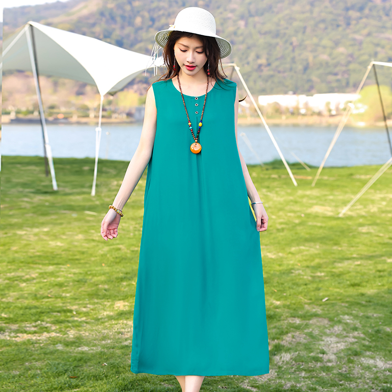 Summer Vest Dress Middle-Aged and Elderly Cotton Silk Dress Women's Sleeveless Mid-Length Mother's Wear Casual Large Size Solid Color Skirt