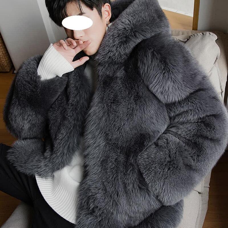 Couple's Versatile Thick Faux Fox Fur Hooded Fur Coat, Thick Fur Integrated Warm and Windproof Loose Jacket