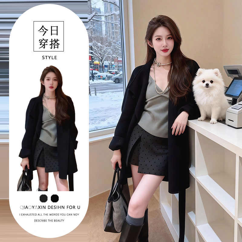 High-End, Elegant, Gentle Style Black Jacket, Slim-Fitting Gray Vest, Slimming High-Waisted Pants Skirt, Fashionable Three-Piece Suit