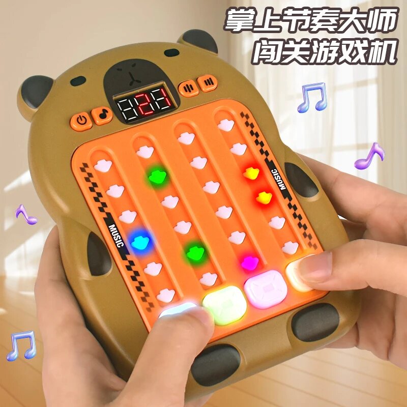 子供向けの教育用リズムゲーム機。集中力を養い、ストレスを解消し、素早くボタンを押す体験を提供する、モグラ叩きパズルゲームです。