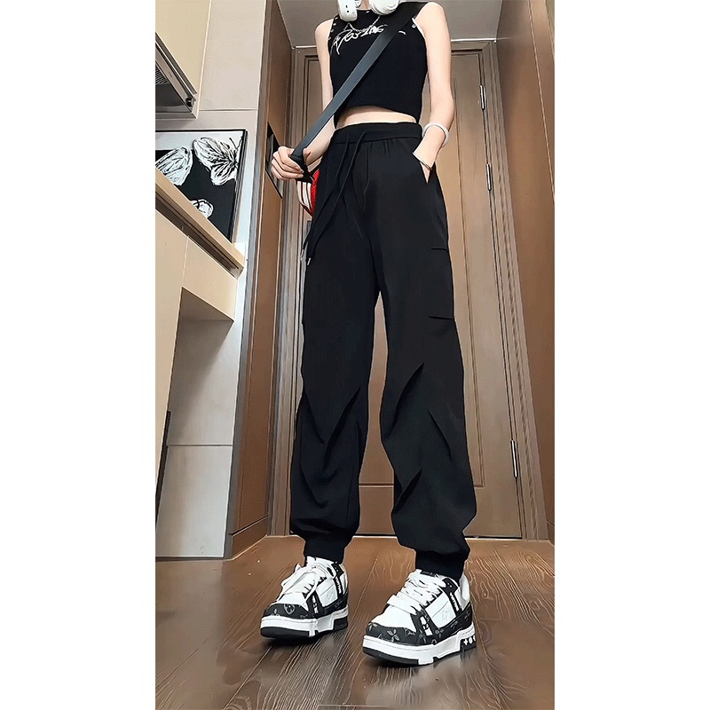 Black Pleated Quick-Dry Pants for Women, Autumn Loose-Fitting Jogger Cargo Pants, American-Style Parachute Nine-Point Pants
