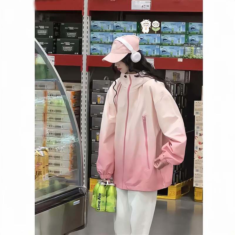 Dopamine Gradient Pink Jacket for Women, Autumn Trendy Brand, Sun Protection, American Style, Functional Outdoor Hiking Jacket