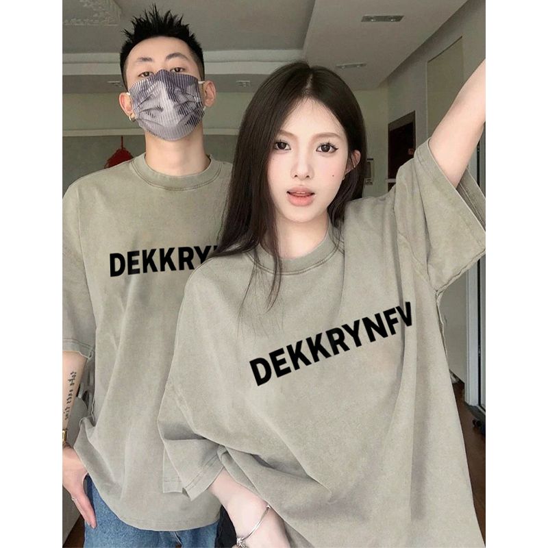 American Retro Letter Print Summer Trendy Brand Short-Sleeve Men's Vtg Street Half-Sleeve Small Neckline Loose Pure Cotton T-Shirt