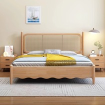 Nordic rattan solid wood bed 1 8m double bed Japanese style 1 5m large bed retro style master bedroom storage log furniture