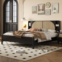 Rattan solid wood bed black master bedroom king bed 1 8m double bed 1 5m Nordic style B&B apartment storage bed