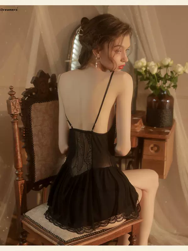 . Gợi cảm ren đen treo váy ngủ mùa hè không tay mặc nhà nữ treo váy ngắn đồ ngủ nữ Jumpsuit