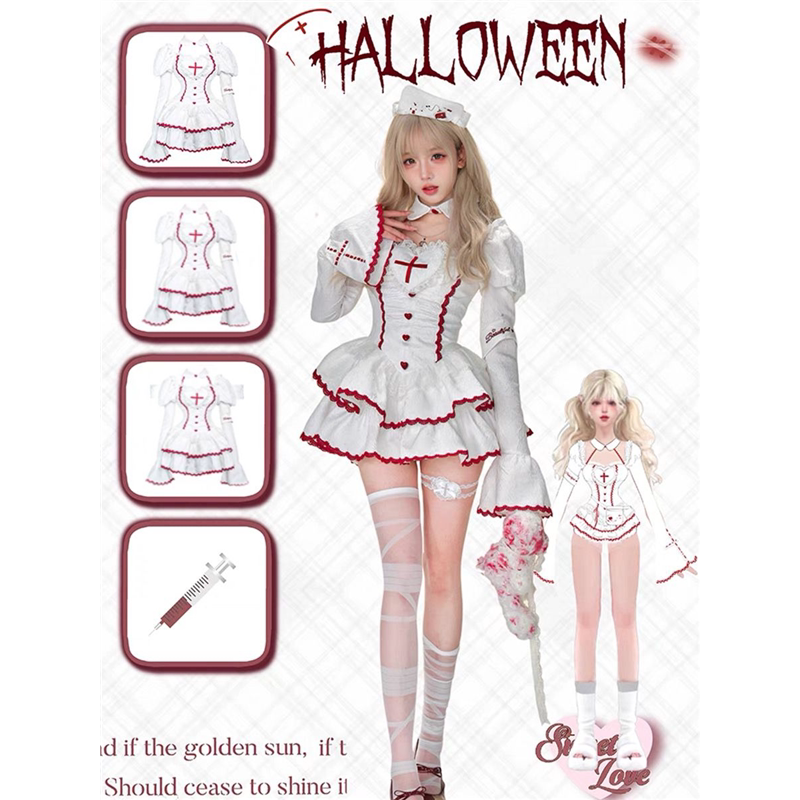 Sweet and Girly Halloween Nurse Costume with Waist-Cinching Puff Sleeves, Jacquard Puffy Skirt, and Emergency Sweetheart Dress