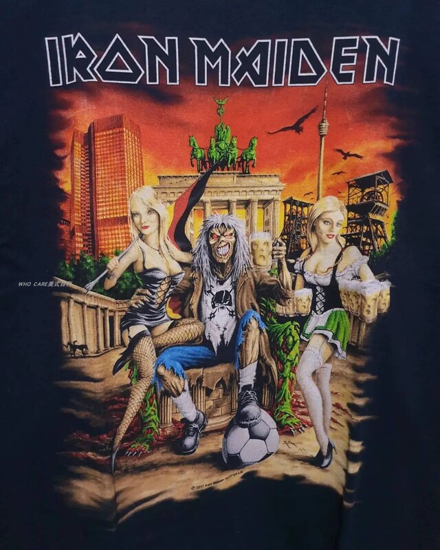 Who Care Retro Encyclopedia Iron Maiden Heavy Metal Band American Rock Style Retro Distressed Short-Sleeved T-Shirt