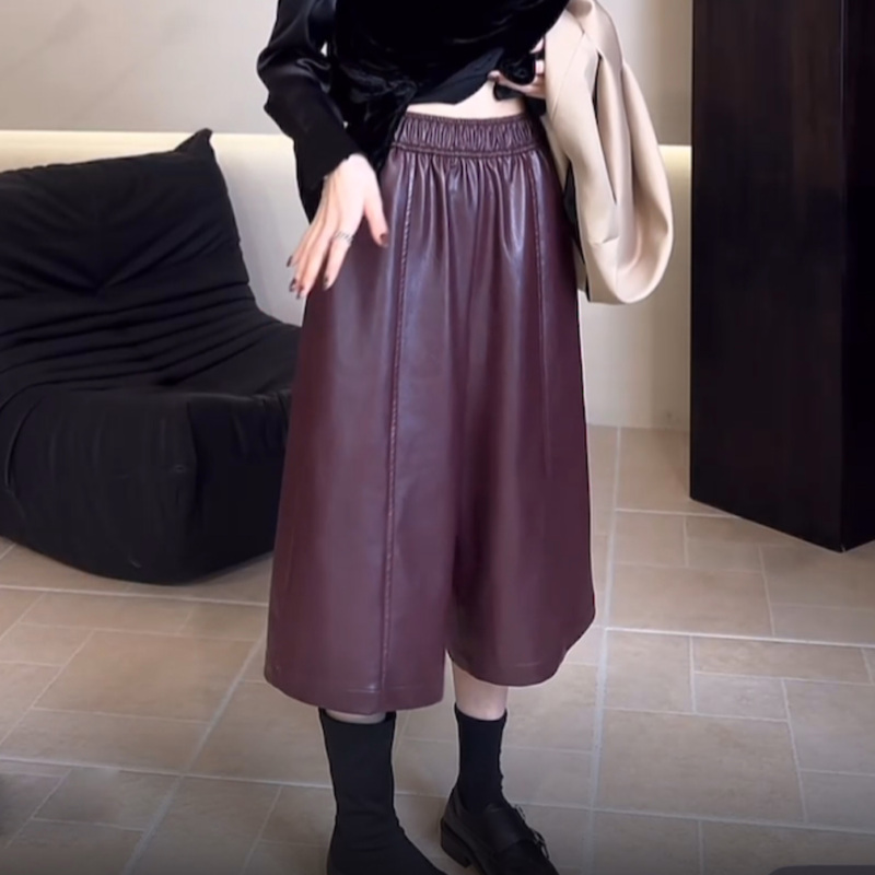 Designer Style Autumn Leather Pants, 7/8 Length Straight-Leg Pants, A-Line Slimming, ins Fashionable Elastic Waist Korean Style Casual Pants Designer Style Autumn Leather Pants, 7/8 Length Straight-Leg Pants, A-Line Slimming, ins Fashionable Elastic Waist Korean Style Casual Pants