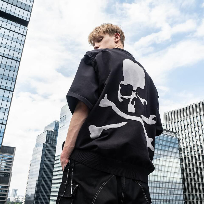 Mastermind Dark Skull Trendy Brand Knitted Jacquard Loose Fit Versatile Five-Quarter Sleeve Mmj Short-Sleeve T-Shirt