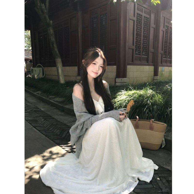 Gray Asymmetrical Shawl Sweater Coat for Women, Autumn Gentle White Moonlight Waist-Cinching Suspender Dress Cardigan Two-Piece Set
