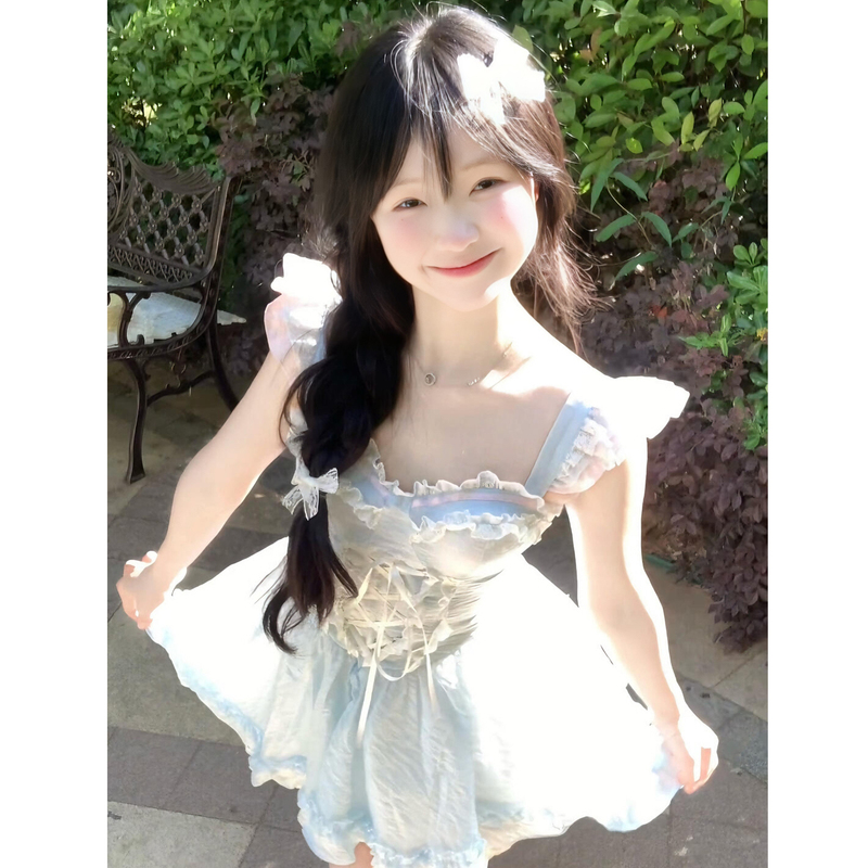 Sweet and Cute Little Flutter-Sleeve Dress for Women, Stunning and Beautiful Princess Dress for Summer, Tie-Waist Puffy Dress for Petite Women Sweet and Cute Little Flutter-Sleeve Dress for Women, Stunning and Beautiful Princess Dress for Summer, Tie-Waist Puffy Dress for Petite Women