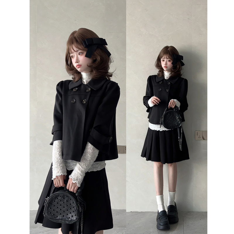 Korean-Style Girly Outfit, a Complete Set of Autumn High-End Woolen Short Coat, Lace Base Layer, Pleated Skirt Suit