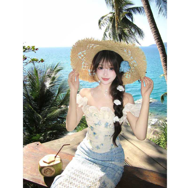 Dopamine-Style Beach Vacation Outfit: a Complete Set with an Atmospheric Embroidered Floral Top and a Fishtail Midi Skirt Two-Piece Set Dopamine-Style Beach Vacation Outfit: a Complete Set with an Atmospheric Embroidered Floral Top and a Fishtail Midi Skirt Two-Piece Set