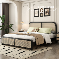 Nordic rattan solid wood bed modern simple 1 8m double bed retro Japanese style black wabi-sabi style log bed and breakfast