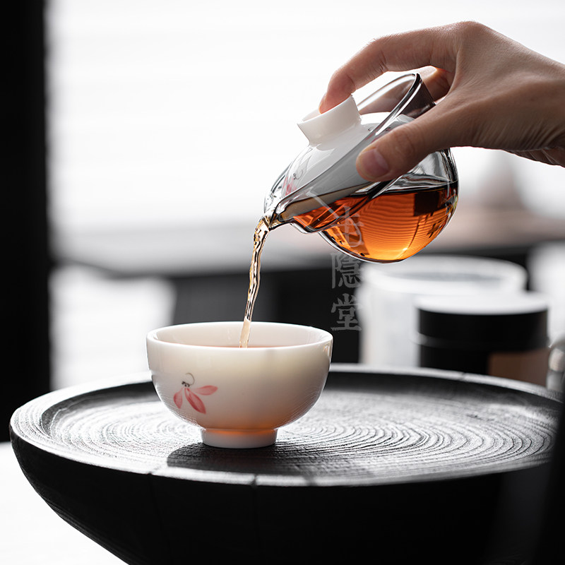Gui Yintang hand-painted pink orchid mutton fat jade porcelain outdoor portable travel Kung Fu tea set tea cup quick cup
