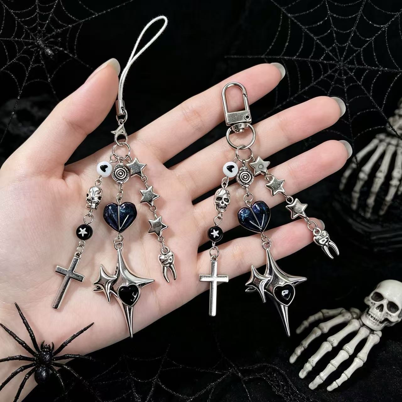 Gothic cross beaded phone charm, retro dark punk keychain/bag charm