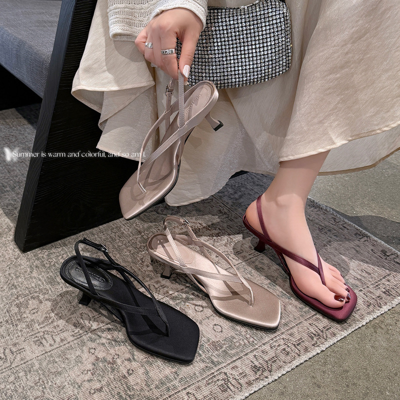 Potato (6cm) Square-Toe Thin Strap Thong Sandals for Women, New Summer Style, Elegant Stiletto Heel Flip-Flops