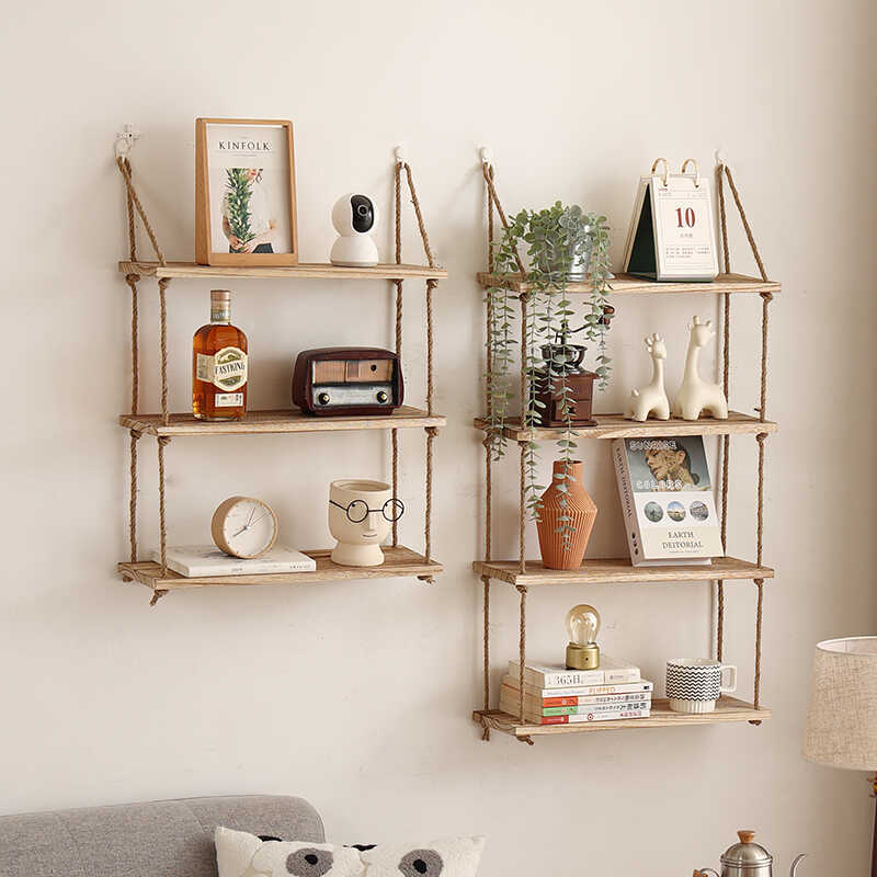 Wall-Mounted Shelf, No-Drill Hemp Rope Solid Wood Bookshelf, Single Shelf, Multi-Layer Board, Living Room Wall Hanging Decorative Rack, Flower Rack Wall-Mounted Shelf, No-Drill Hemp Rope Solid Wood Bookshelf, Single Shelf, Multi-Layer Board, Living Room Wall Hanging Decorative Rack, Flower Rack