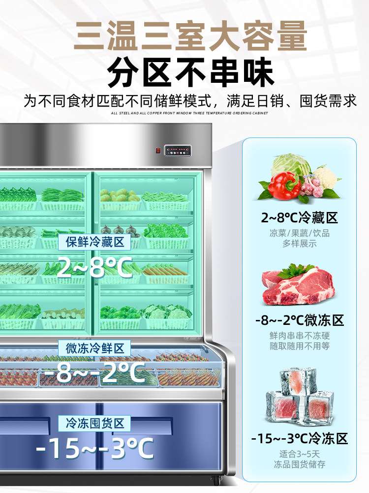 Holplijia Stainless Steel Three-Temperature Ordering Cabinet Commercial Refrigerated Frozen Dishes Barbecue Skewers Malatang Display Cabinet
