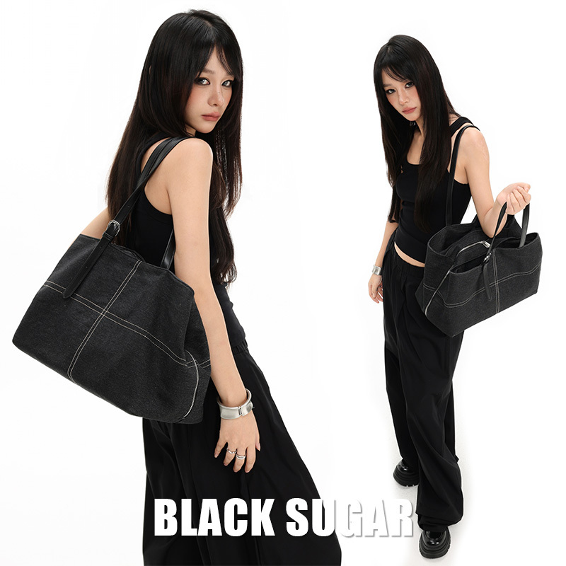 Black Sugar Bus Minimalist Large-Capacity Textured Commuter Denim Tote Bag Unisex Versatile Shoulder Bag