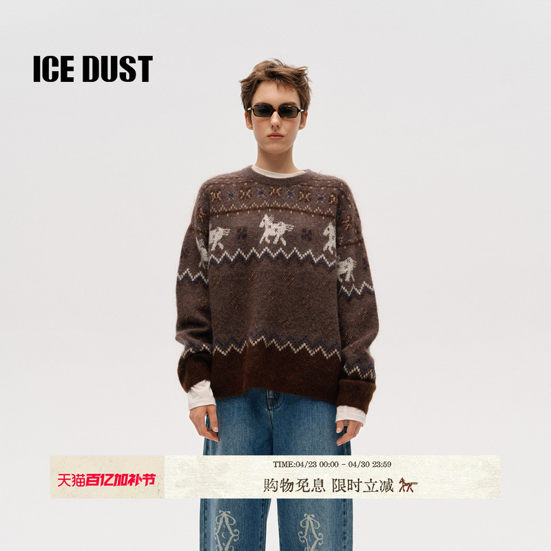 Icedust Fair Isle Pony Ski Sweater Women's 25Fw Autumn and Winter New Retro Jacquard Knitwear Clothes