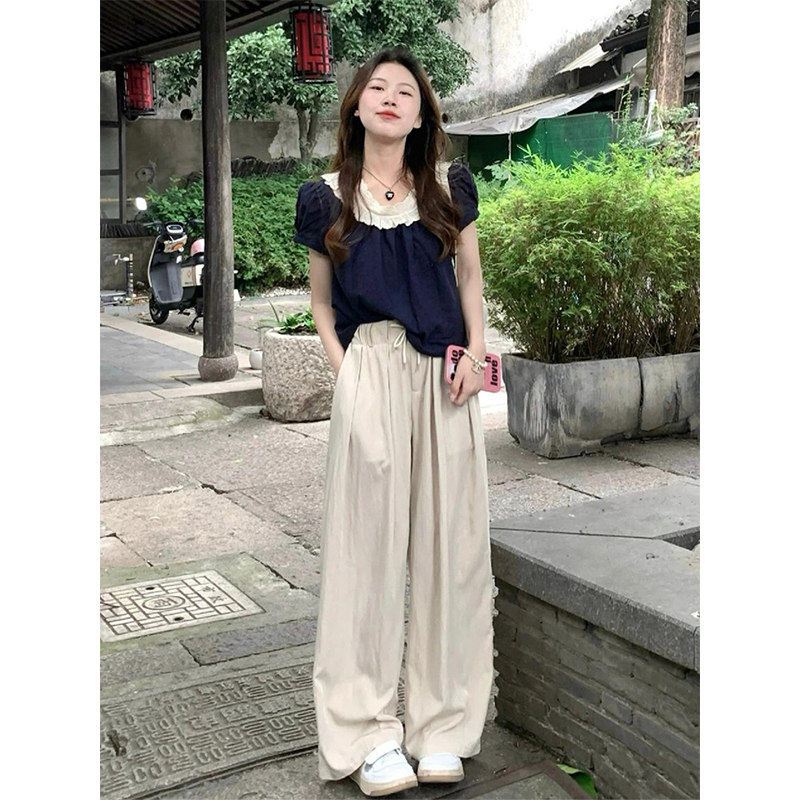 French-Style Gentle Fashion Casual Sports Suit for Women, Summer Age-Reducing Puff Sleeve Top and Wide-Leg Pants Two-Piece Set French-Style Gentle Fashion Casual Sports Suit for Women, Summer Age-Reducing Puff Sleeve Top and Wide-Leg Pants Two-Piece Set