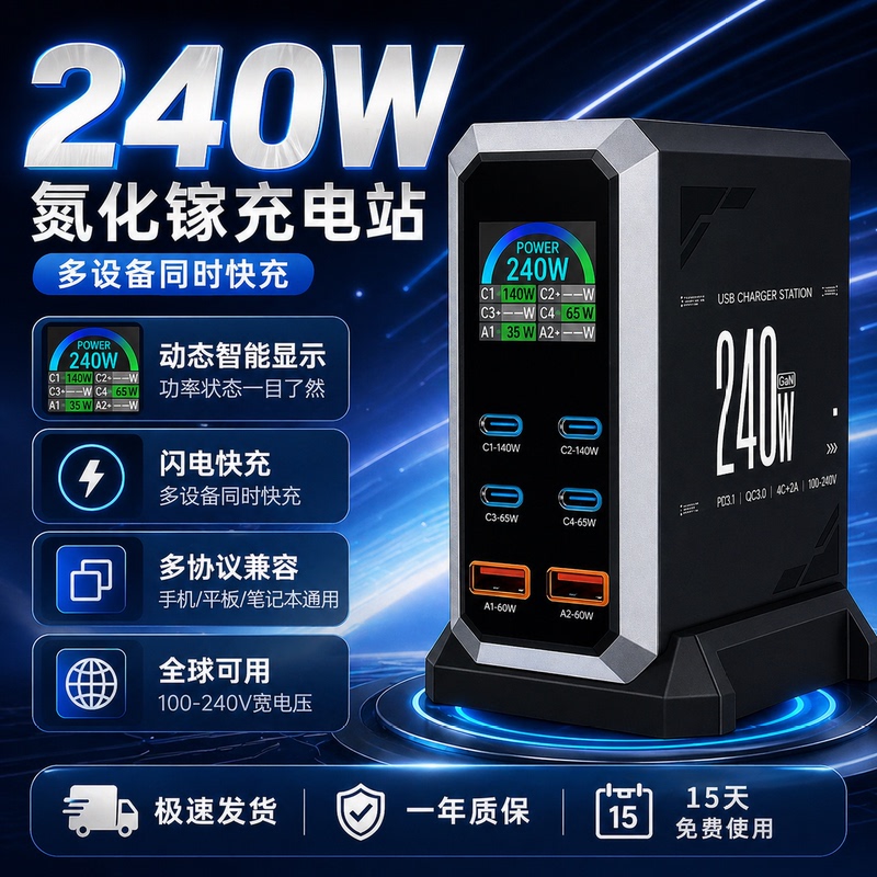 [High-Definition Display Screen] 240W Gallium Nitride Fast Charging Charger with Screen Display, Fully Compatible with Desktop Charging Stations, Suitable for Mobile Phones, Laptops, Tablets, High-Power Flash Charging Charging Head