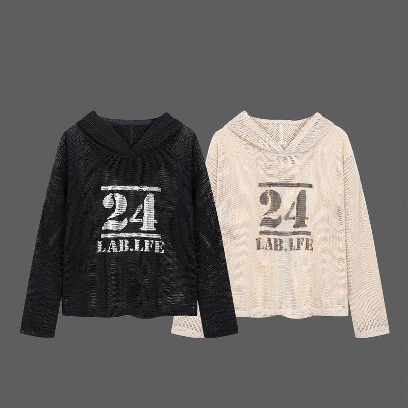 Lablfe Spring and Summer Mesh Digital Print Hooded Sweatshirt