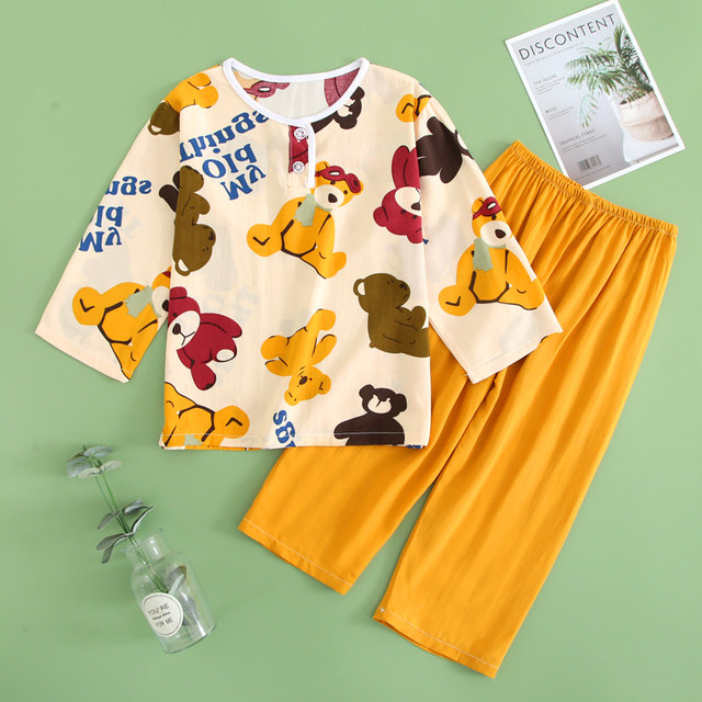 Summer girls' cotton silk pajamas children's thin long-sleeved artificial cotton home clothes girls boys baby cotton silk suit