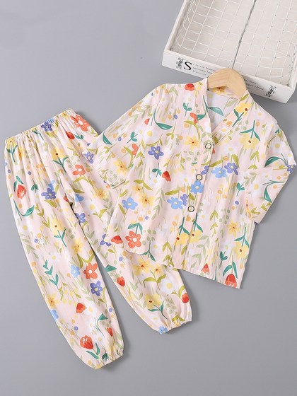 女童棉绸睡衣夏季儿童七分袖薄款女孩男童宝宝绵绸空调家居服套装