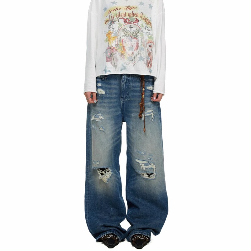 Archetype Imported Fabric Washed Ripped Blue Jeans Scimitar Loose Fit Unisex