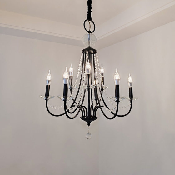 French Retro Living Room Chandelier Black Candle Staircase Chandelier Pearl Romantic Light Luxury Hotel Bedroom Crystal Lighting