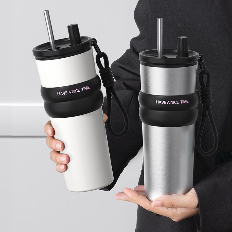 Ceramic Liner Thermos Cup for Women, High-Capacity Coffee Cup with Straw, Portable Cup with a High-End Feel, Ice-Retaining Water Cup