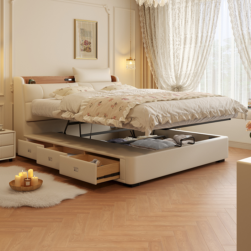 Multifunctional Master Bedroom Large Bed with Sliding Air Pressure Storage, Double Wedding Bed, High-End and Elegant High-Box Storage Leather Bed