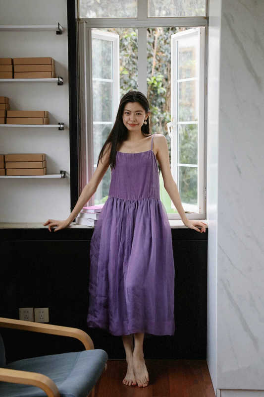 【Thousand Gold Light Dress】Tea-Colored Spaghetti Strap Velvet Dress for Women, Spliced with Purple Tulle Skirt, New Summer Style
