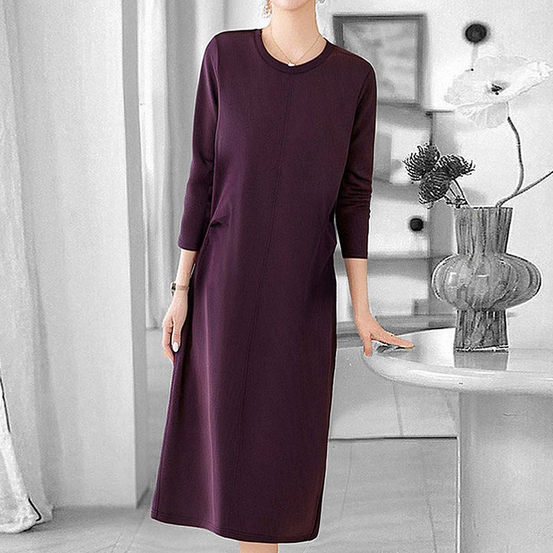 Gifishlow Hong Kong International Clothing Dress Round Neck Solid Color Long Sleeve Loose Simple Over-The-Knee Midi Dress Gifishlow Hong Kong International Clothing Dress Round Neck Solid Color Long Sleeve Loose Simple Over-The-Knee Midi Dress
