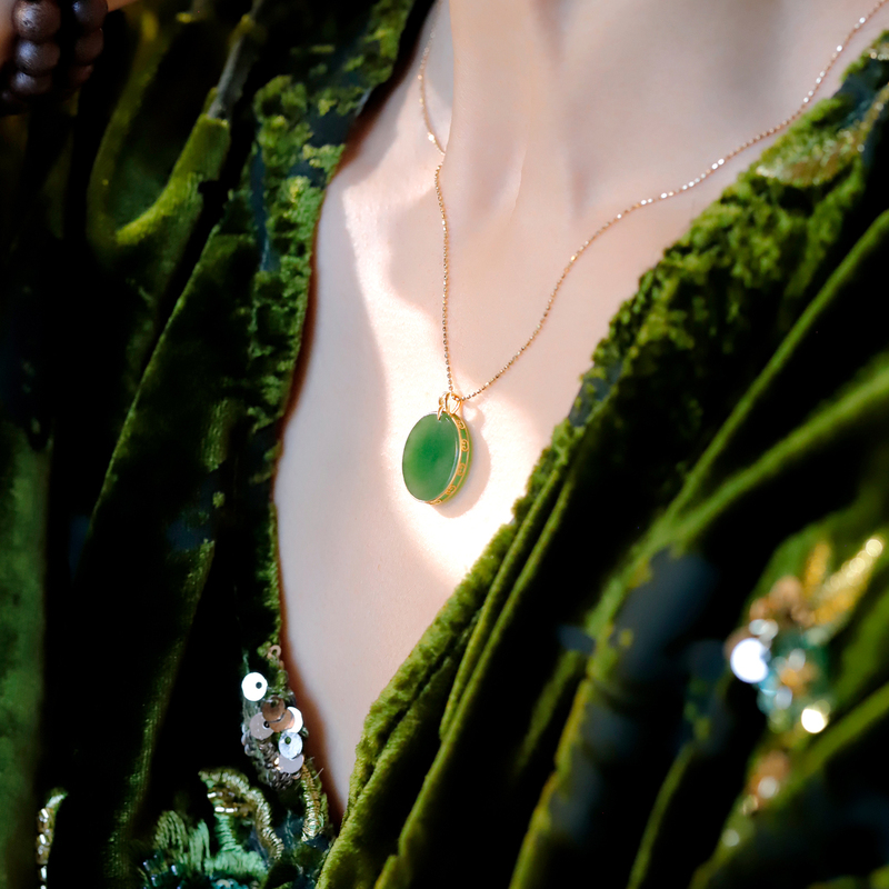Shanyue Yasheng/Bamboo Dew/Natural Russian Spinach Green Jade Hetian Jade Round Pendant Blank Pendant with 18K Gold Inlay